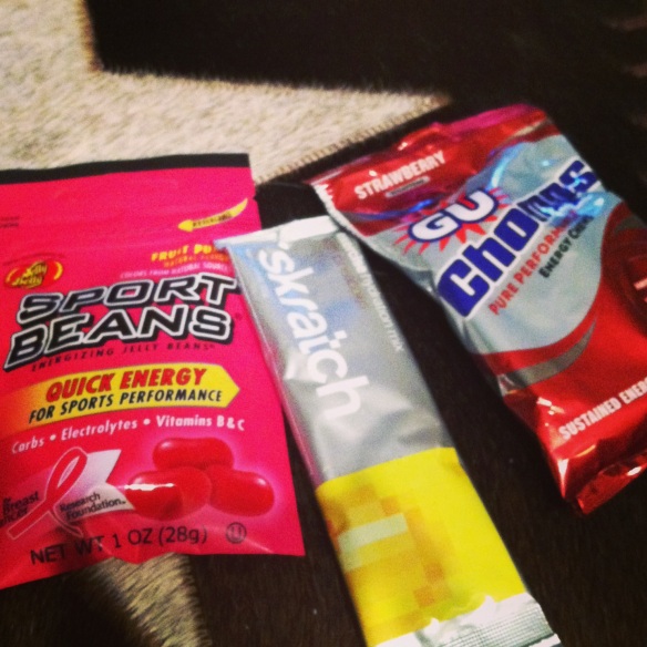 I tried some new long run fuel this weekend--some Sport Beans before (which I had had before) and some GU Chomps for during (very inconvenient packaging, though). The Skratch drink mix wasn't used, but will be next weekend.