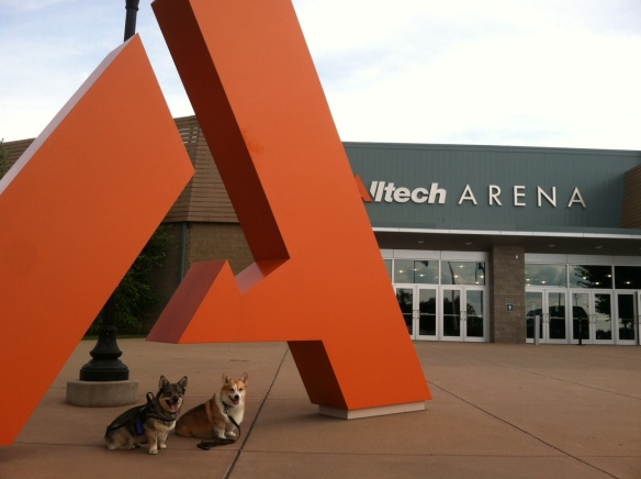 The Stump Kids posing in front of the Alltech Arena--a large world class indoor horse show arena at the Horse Park.